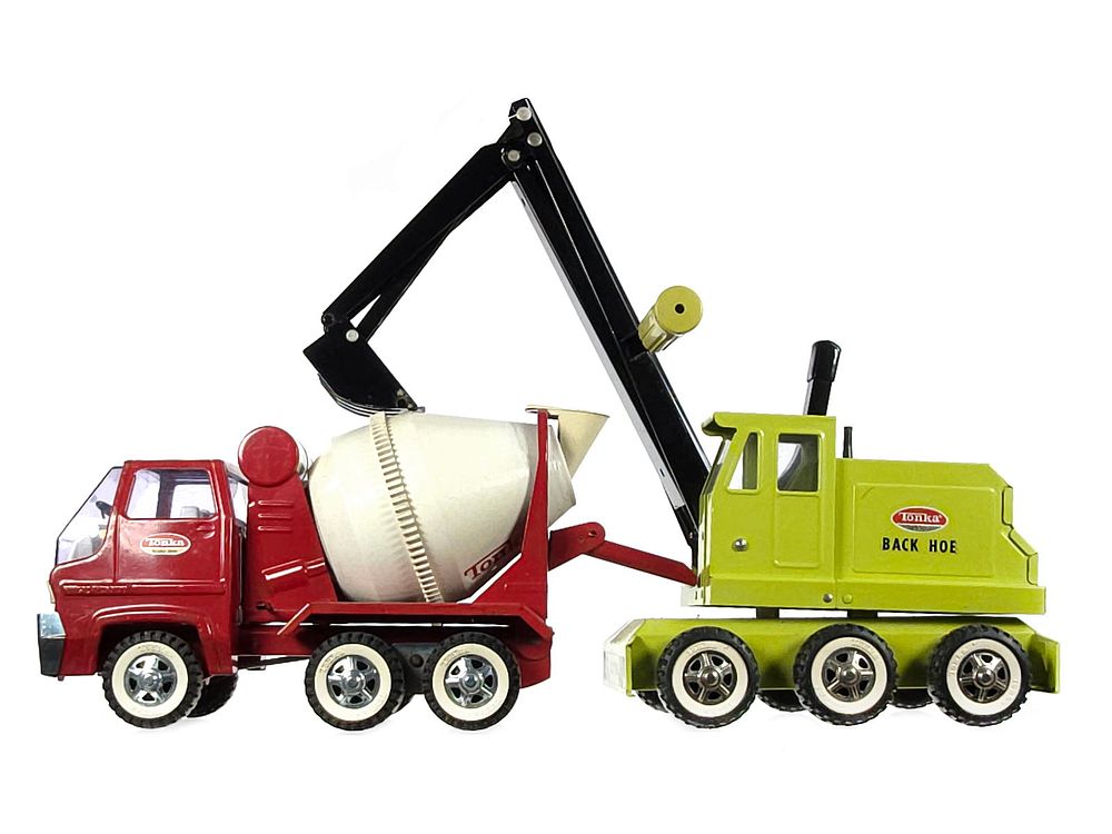 Lot 153: (2) Tonka Construction Vehicles Green Backhoe and Concrete Mixer