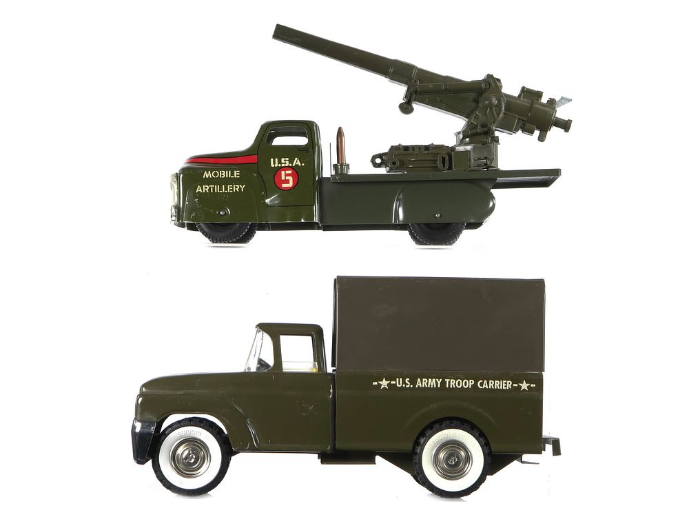 Lot 165: (2) Structo Army Troop Carrier & Marx Mobile Artillery