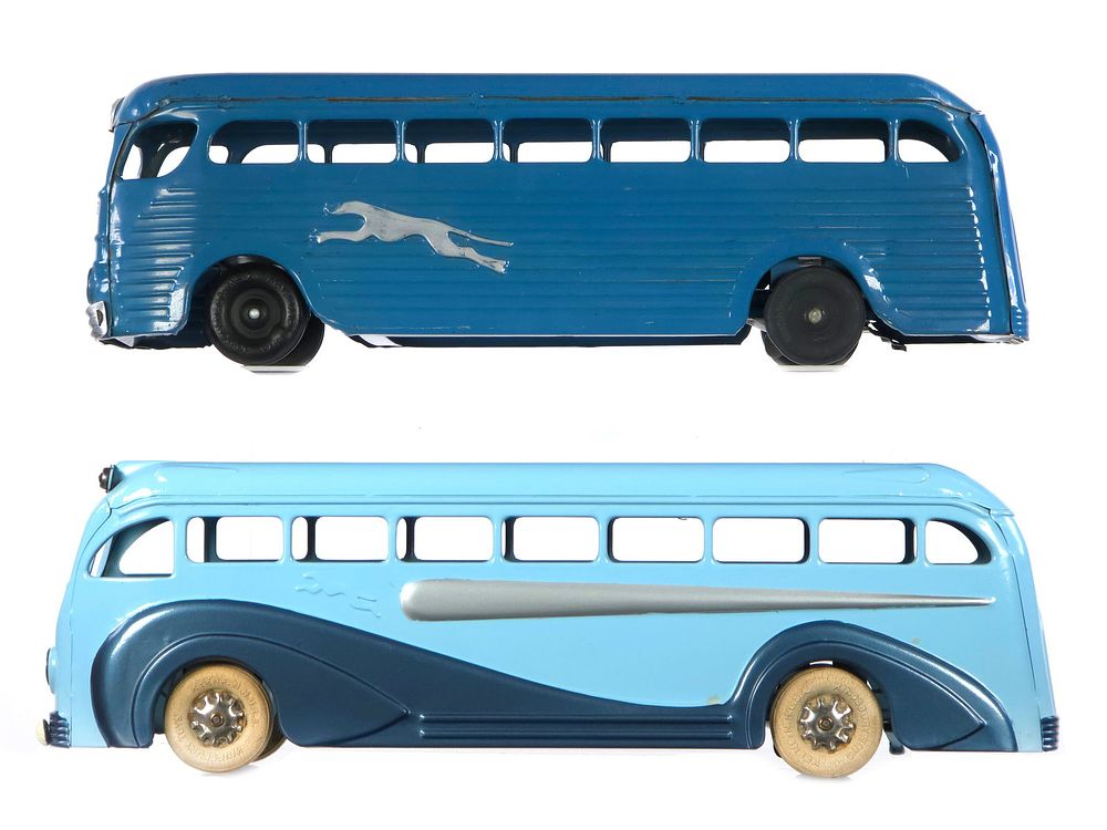 Lot 169: (2) Kingsbury Pressed Steel Windup Greyhound Buses