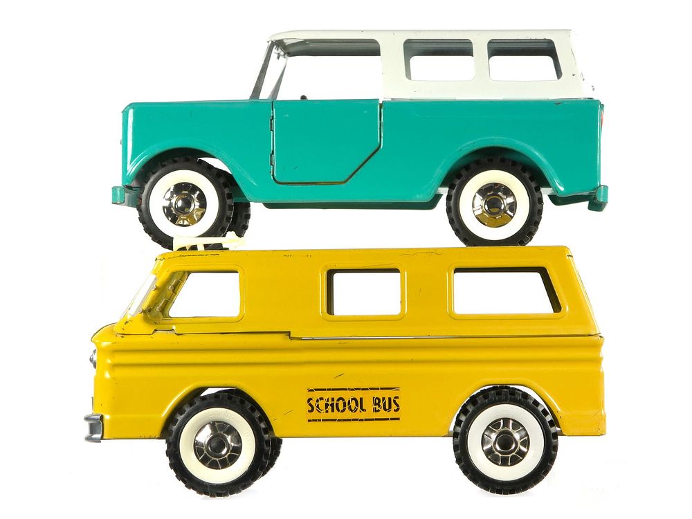 Lot 182: (2) Structo Teal Jeep and Yellow School Bus