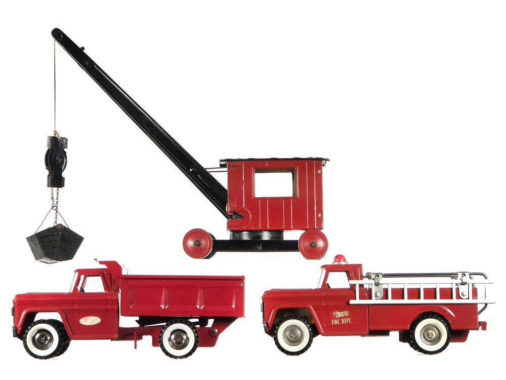 Lot 191: (3) Pressed Steel Toys: Dump Truck, Fire Truck, and Crane