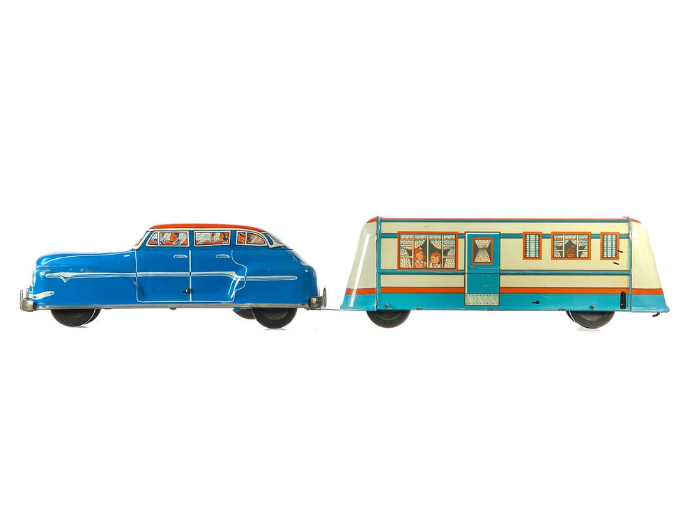 Lot 211: Wolverine Pressed Steel Car with Camper Trailer