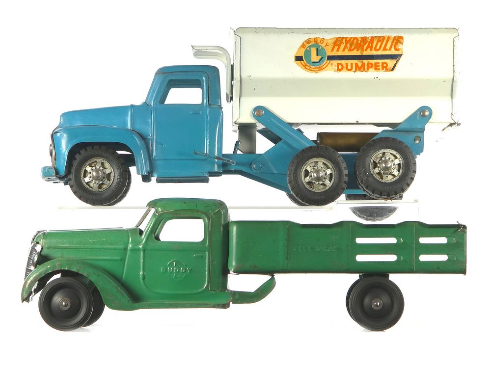 Lot 223: (2) Buddy L Hydraulic Dumper & City Dray Flatbed Truck
