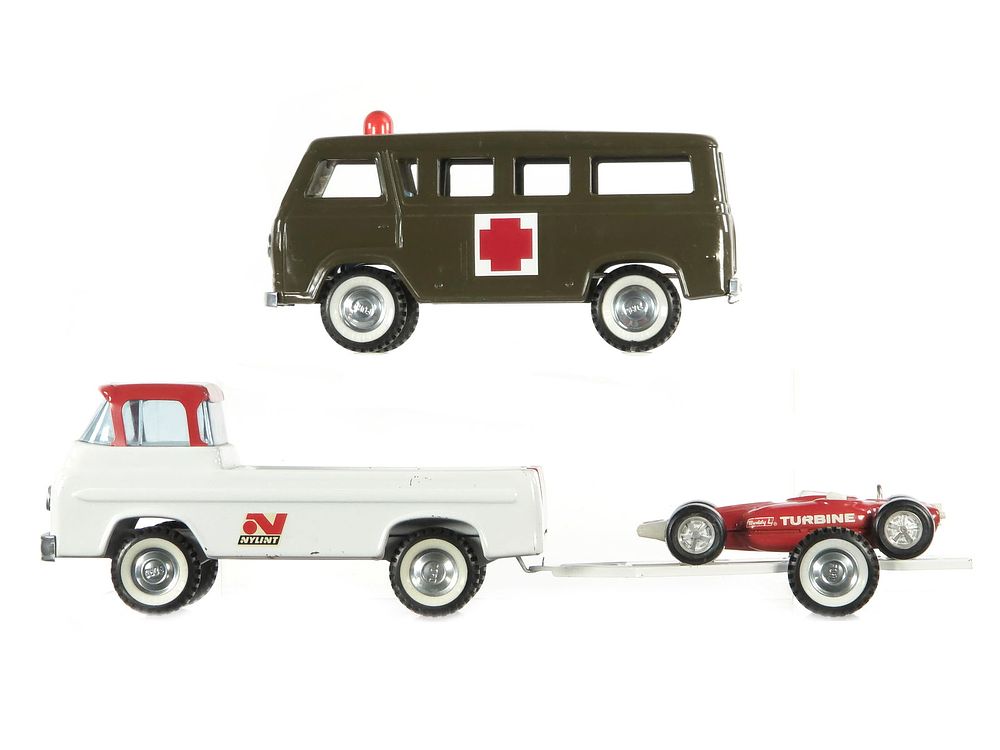 Lot 251: 4 pc. Nylint Ford Ambulance Pickup Truck w/Trailer & Buddy L Turbine Racer