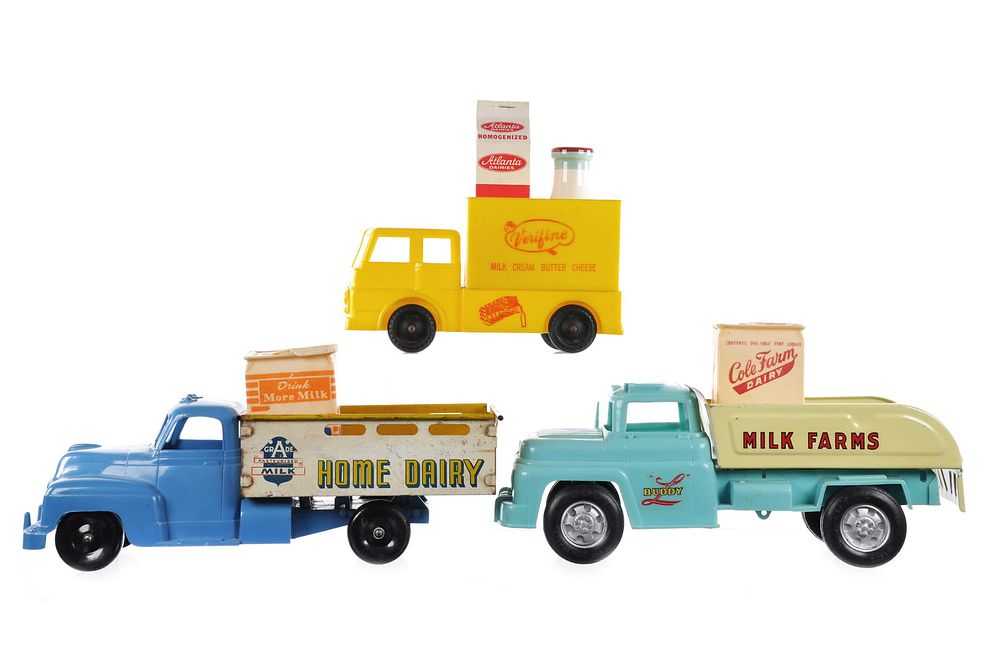 Lot 266: (3) Plastic Milk Trucks Verifine/Buddy L/Marx