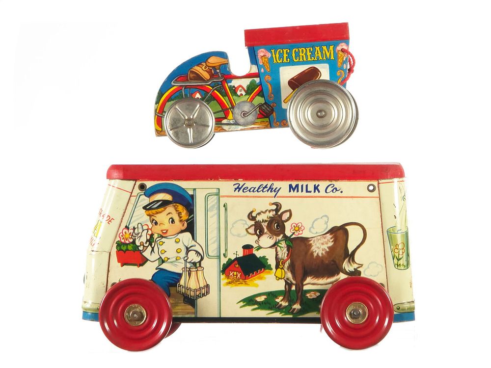 Lot 276: (2) Gong Bell Toys Ice Cream Cart & Dairy Delivery Truck