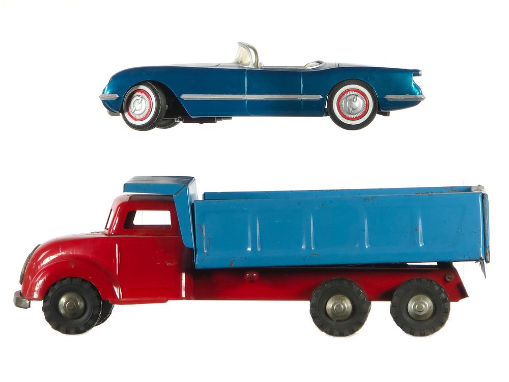 Lot 280: (2) Hubley 1954 Corvette Roadster & German Dump Truck
