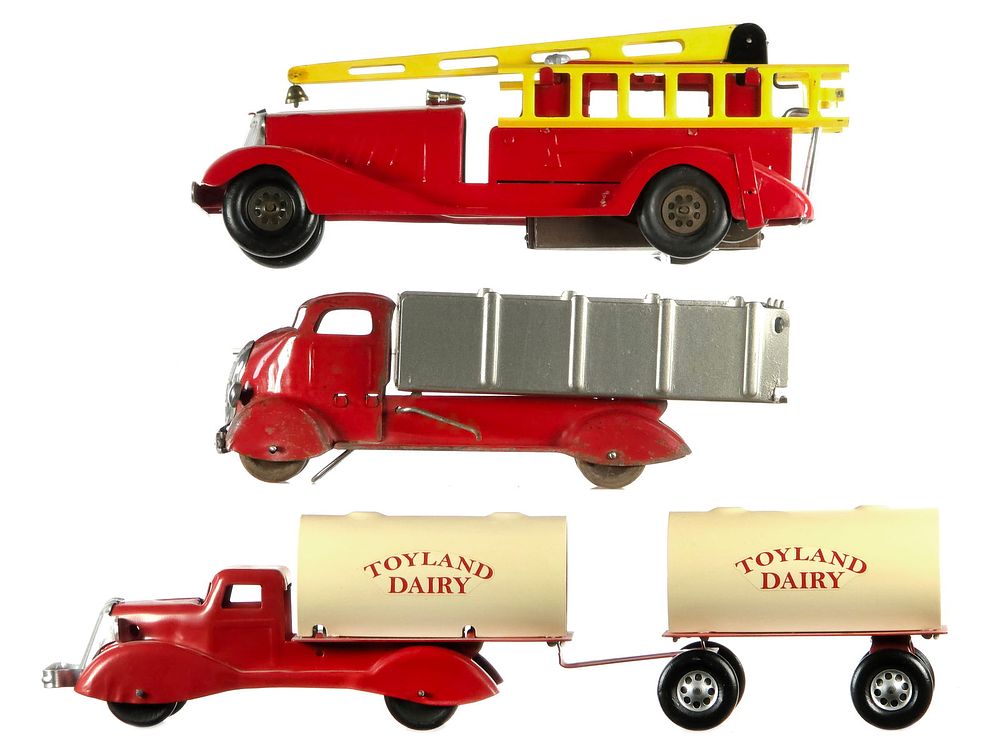 Lot 286: (3) Marx Tandem Dairy Tanker/Marx Dump/Girard Fire Truck