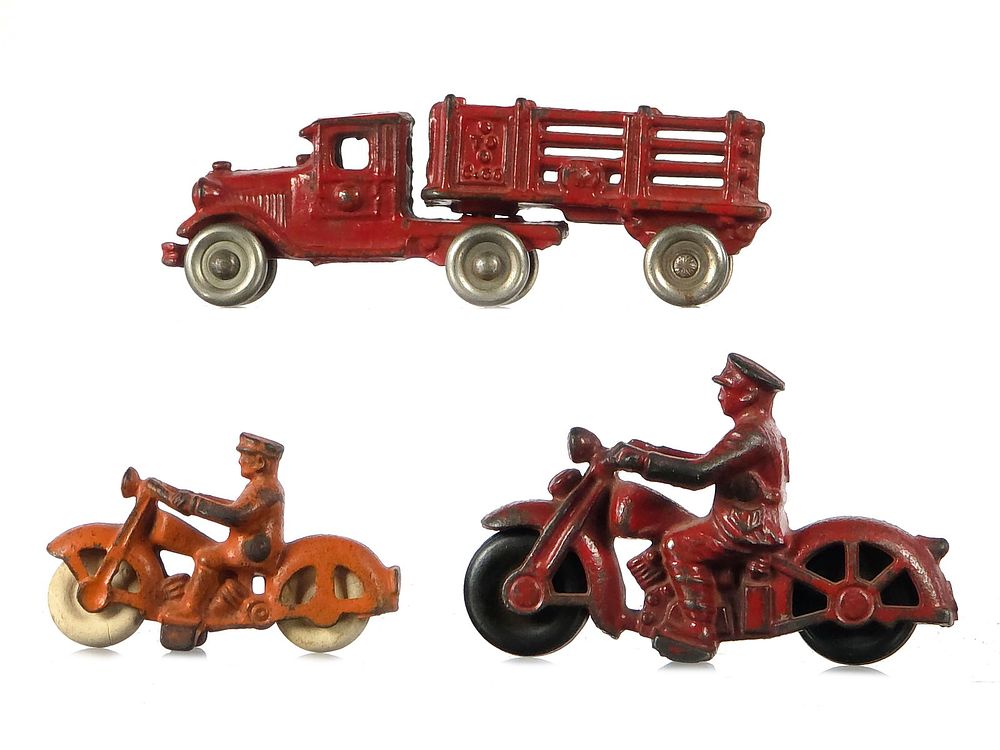 Lot 301: (3) Hubley Motorcycles and A.C. Williams Truck