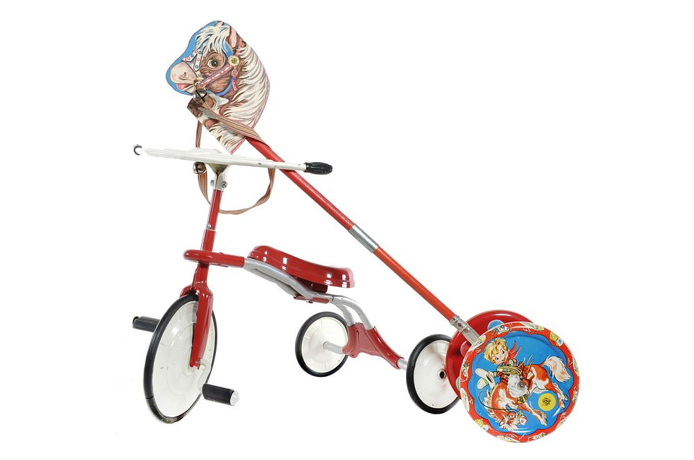 Lot 323: Gong Bell Stick Horse & Vintage Red Tricycle
