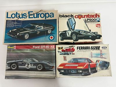 (4) Model Cars Lotus/Ford/Lamborghini/Ferrari. Entex Lotus Europa 1/20/LS Lamborghini Countach 