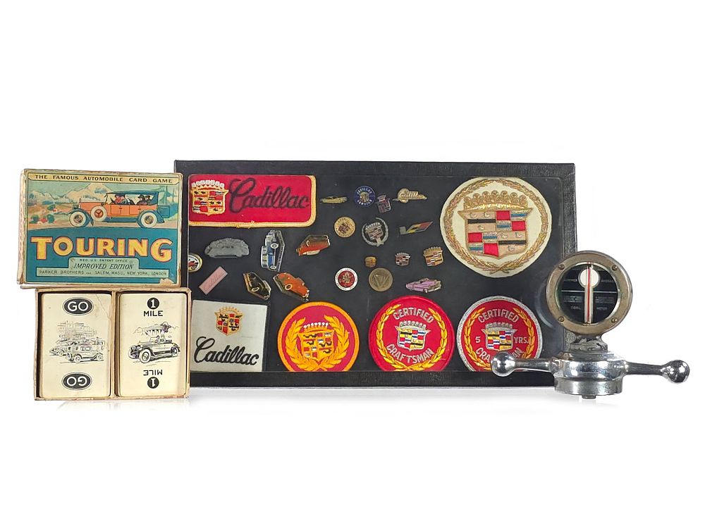 Lot 376: Large Cadillac Collectible Lot: Moto Meter, Patches, Pins, Etc.
