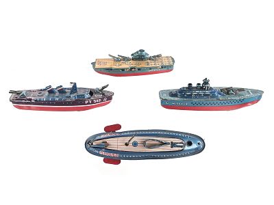 (4) Japanese Tin Litho Ships Windup and Friction. Four Japanese tin lithographed ships 