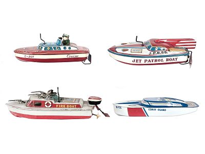 (4) Tin Litho Windup Speed Boats Ohio Art/Usagiya/Japanese. This is a tin litho speedboat lot of 