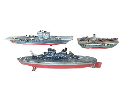 (3) Bandai Tin Litho Military Ships Japanese Tin. This lot includes three tin litho military 
