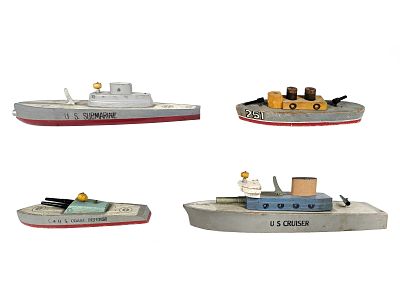 (4) Keystone Wooden Military Boats. A set of 4 Keystone wooden missile-firing military boats 