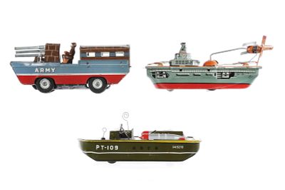 (3) Japanese Tin Military Boats Hayashi, Sankei, Yano Man. Three working Japanese tin 