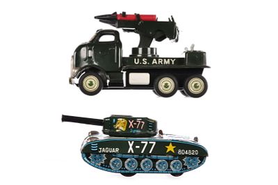(2) Yonezawa Mobile Missile Launcher & Daiya Jaguar X-77 Tank. A set of Japanese tin 