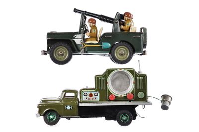 (2) Japanese Tin Military Vehicles SSS & Masudaya. Two working Japanese tin military vehicles 