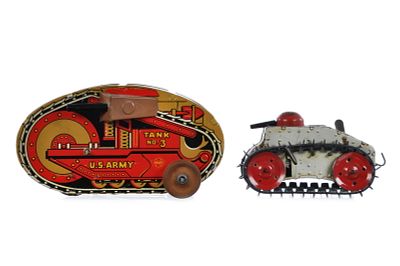 (2) Marx Turnover and Midget Climbing Tanks. Two variations of tin windup Marx tanks, one is a 