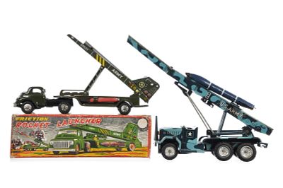 (2) Friction Rocket Launchers Linemar Boxed & Alps. Two tin friction rocket launchers, one is a 