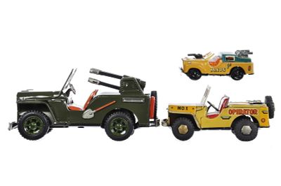 (3) Japanese Tin Litho Military Jeeps Daiya, Nihon Boeki. Three great working friction Japanese 