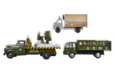 (3) Tin Litho Military Vehicles Wells, Modern Toys, Rosko. Three tin friction military vehicles 