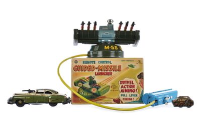 (3) Yonezawa Guided-Missile Launcher Boxed/Nomura Police Car/Tank. Set of 3 Japanese tin 