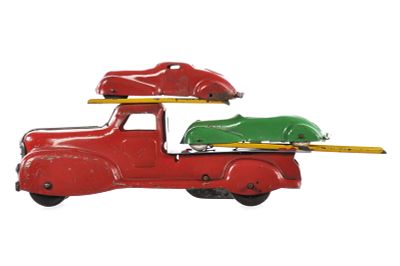 Marx Pressed Steel Windup Auto Hauler with Vehicles. A working pressed steel Marx Windup Auto 