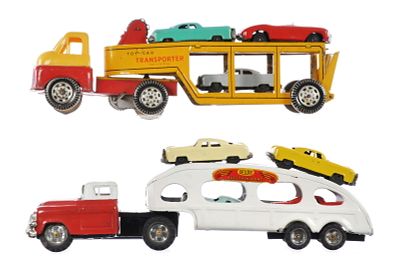 (2) Linemar & Wells Brimtoy Auto Transporters. A tin lithographed friction Linemar/Marx Deluxe 