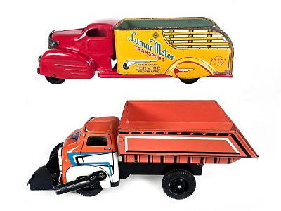 (2) Marx Lumar Motor Transport & Wyandotte Dump Trucks. A lot of 2 pressed steel trucks, a Marx 