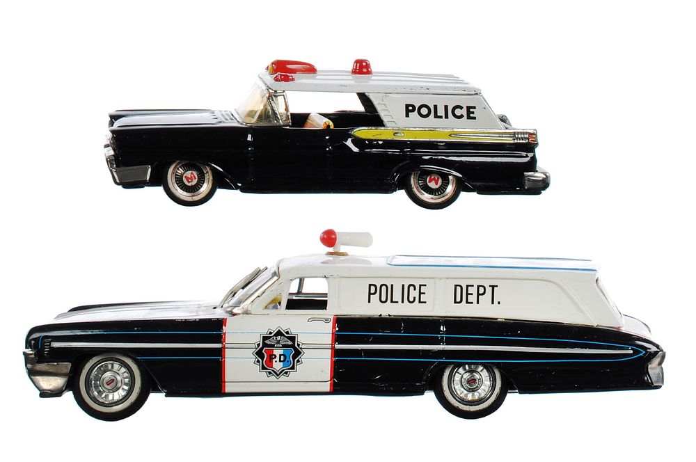 Lot 152: (2) Yonezawa & Bandai Tin Friction Police Station Wagons