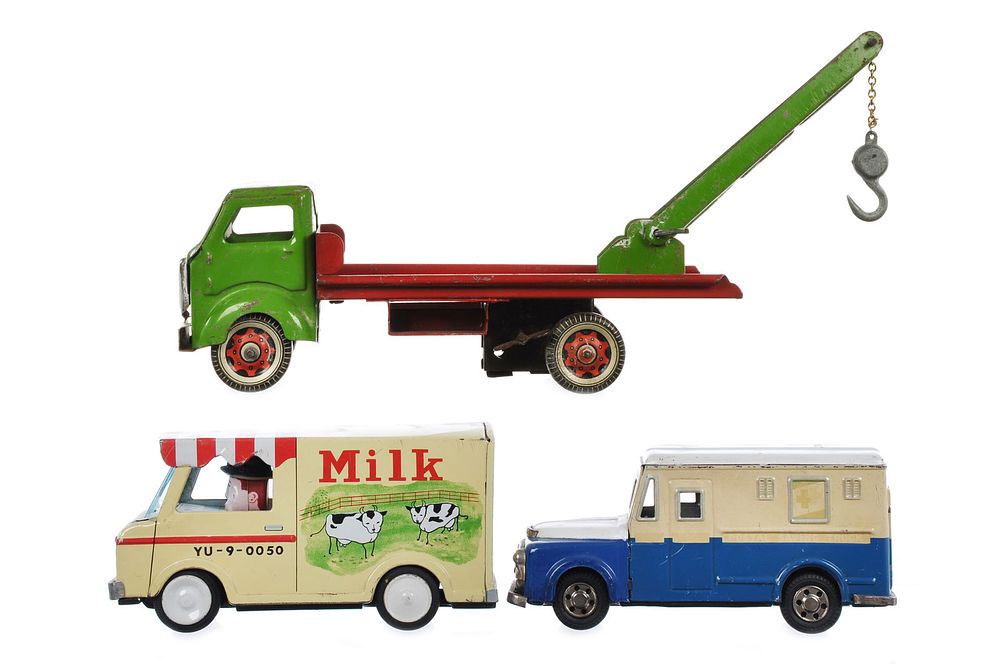 Lot 162: (3) Pressed Steel & Tin Work Trucks Tow/Mail/Milk