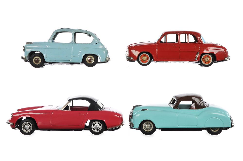 Lot 172: (4) Bandai Tin Friction Cars Fiat/Jaguar/Lotus/Renault