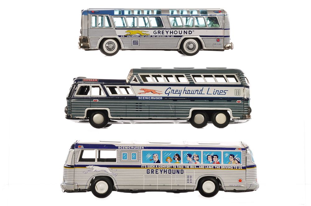 Lot 174: (3) Japanese Tin Greyhound Scenicrusier Buses