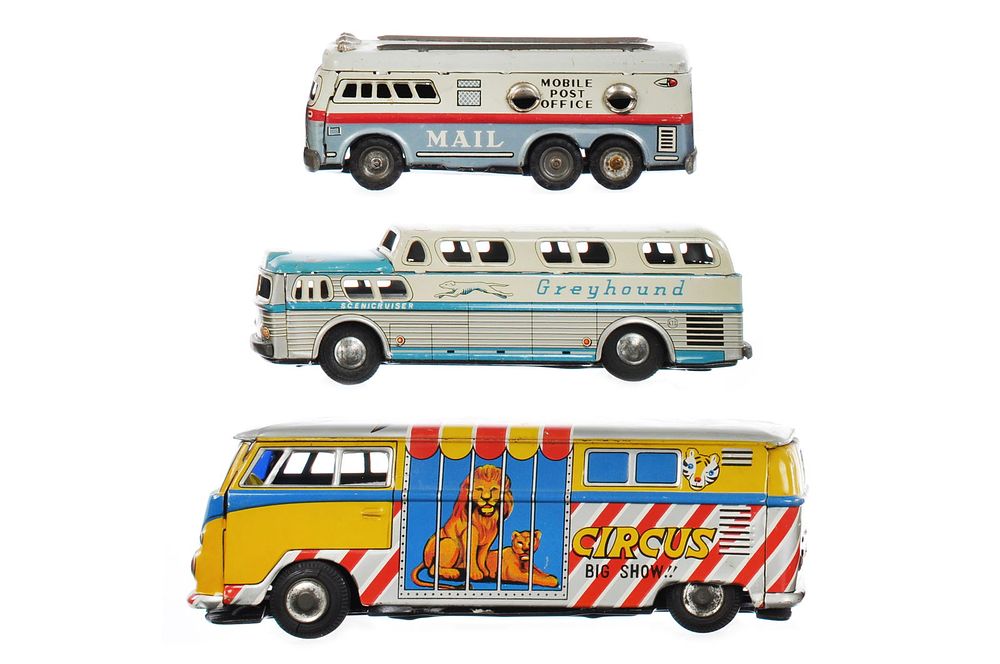 Lot 175: (3) Japanese Tin Friction VW Circus/Mail/Greyhound Buses