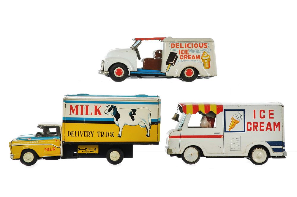 Lot 186: (3) Japanese Tin Friction Milk & Ice Cream Vans