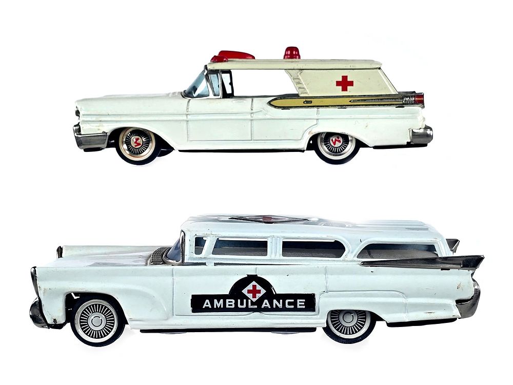 Lot 204: (2) Japanese Tin Friction Ambulance Station Wagons