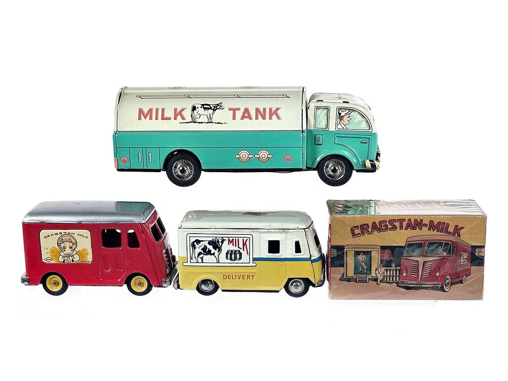 Lot 205: (3) Cragstan Japanese Tin Friction Milk Delivery Trucks w/Box