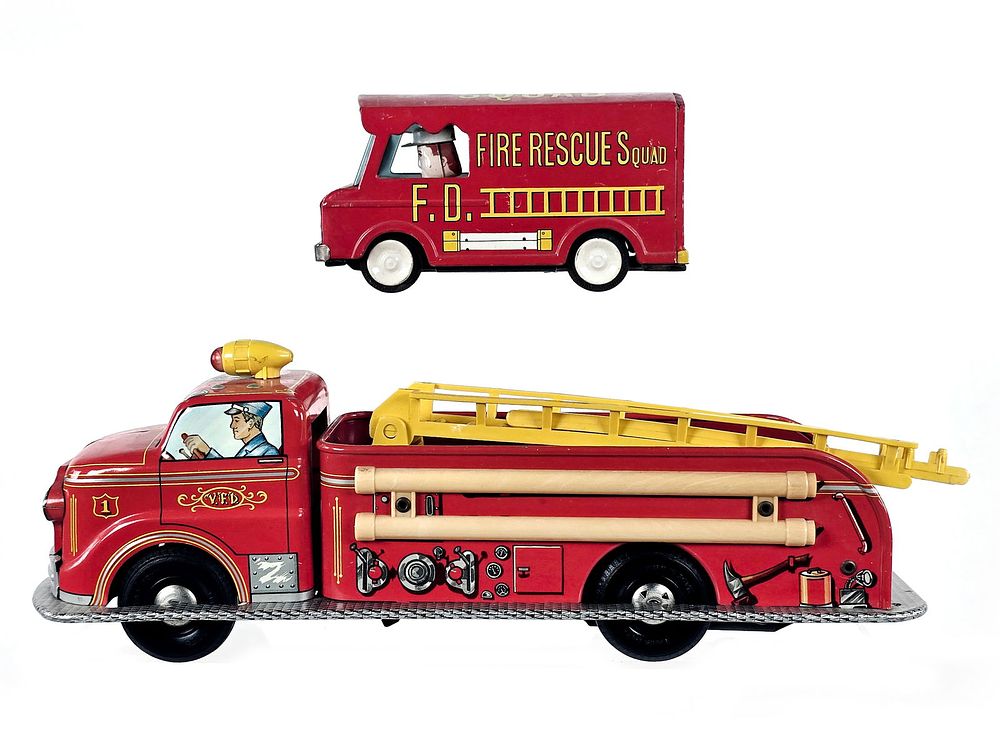 Lot 207: (2) Tin Fire Trucks Marx V.F.D.& Japanese Tin