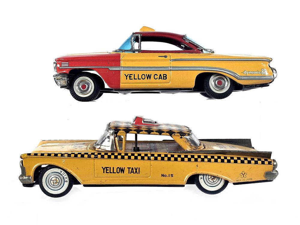 Lot 212: (2) Japanese Tin Friction Yellow Cab Taxis Yonezawa & Nomura TN
