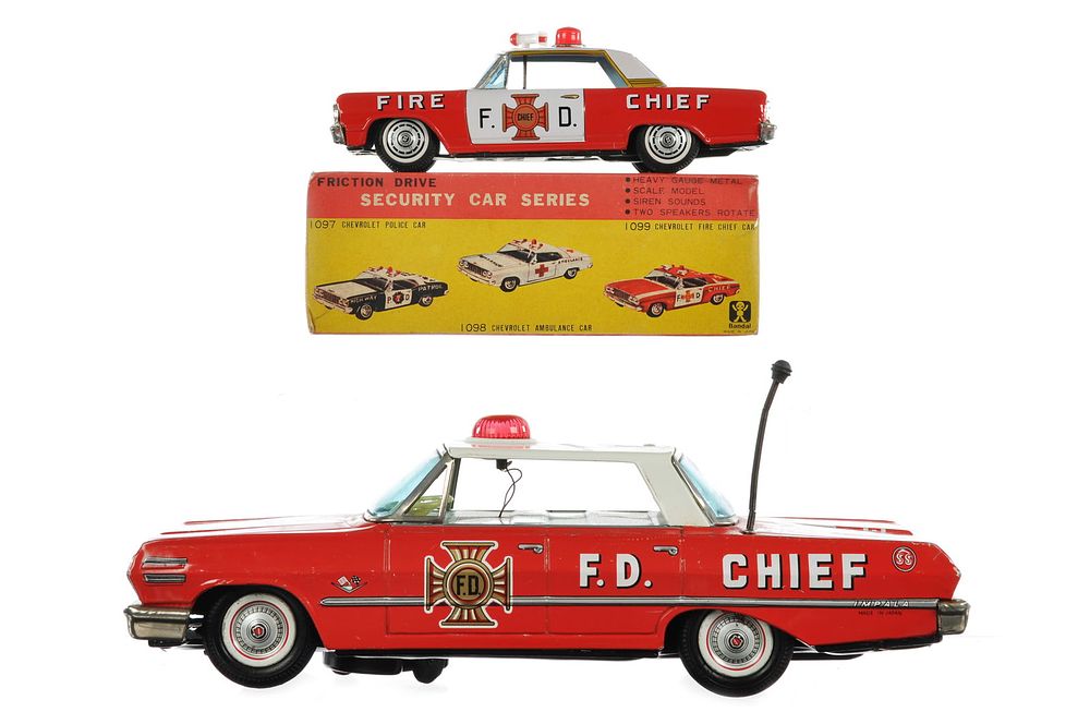 Lot 213: (2) Bandai Chevy Fire Chief Boxed & Okuma Impala Fire Chief Cars
