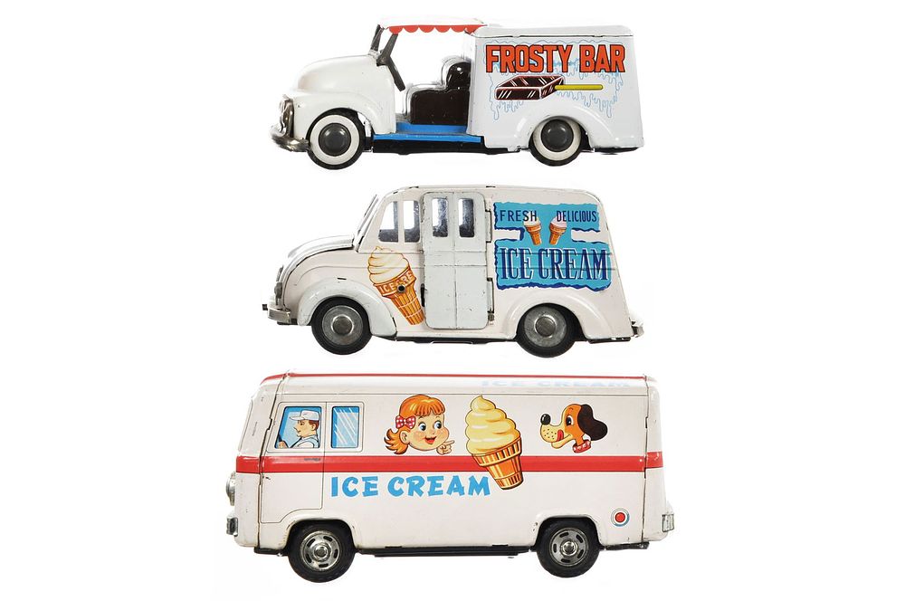Lot 221: (3) Japanese Tin Litho Friction Ice Cream Trucks