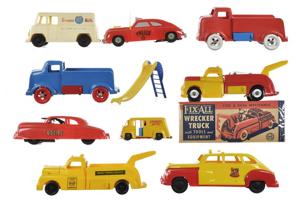 Lot 222: (9) Marx Plastic Vehicles Marx Fix-All Wrecker Boxed & Others