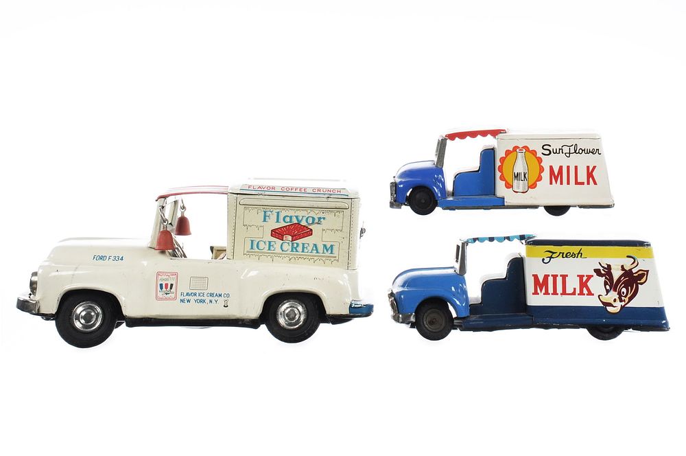 Lot 223: (3) Japanese Tin Litho Friction Ice Cream Trucks Bandai, Ichimura