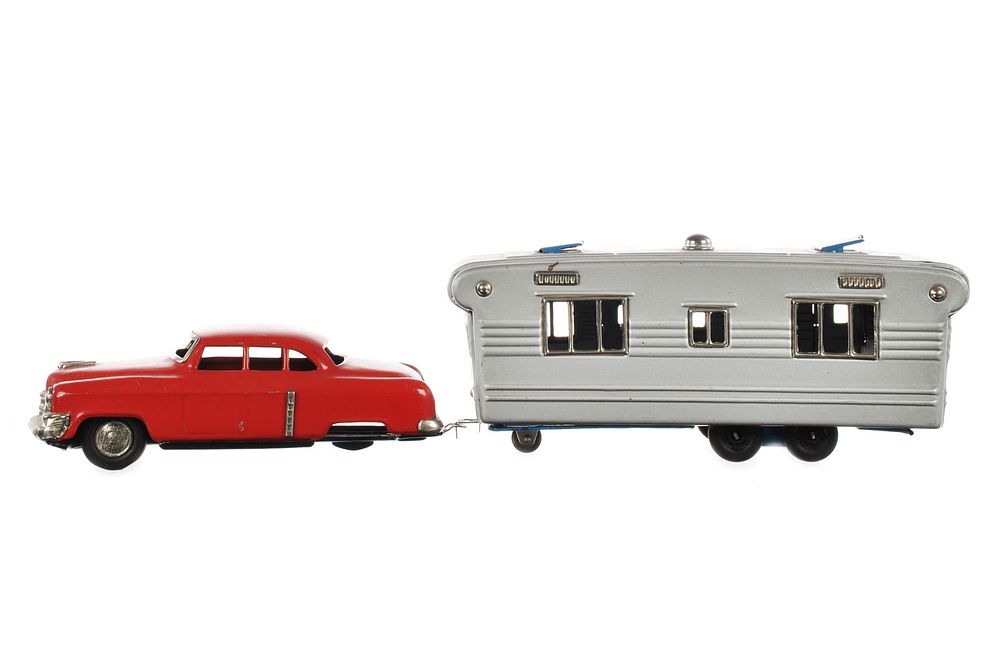 Lot 227: Rare SSS Tin Friction Red Sedan w/Camper S-303 Japan