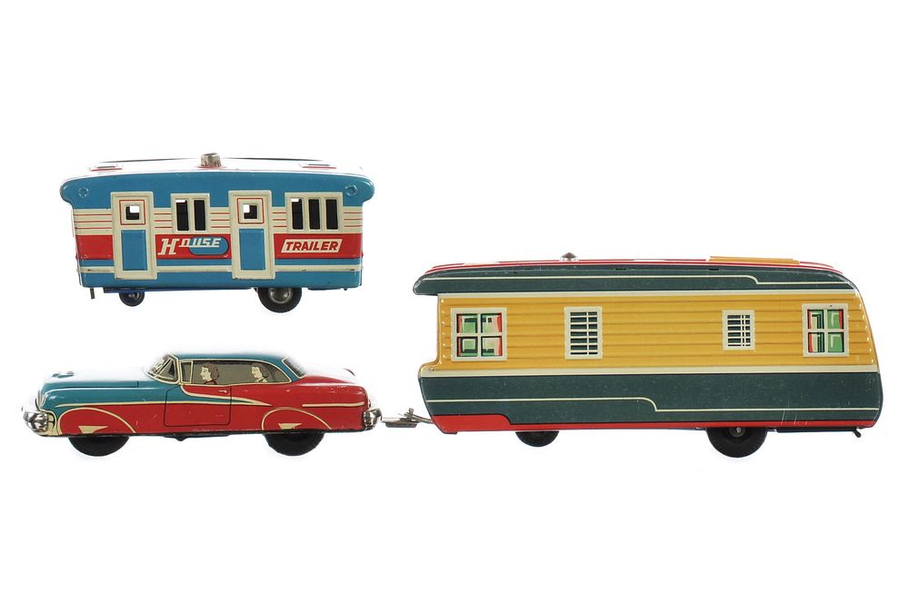 Lot 228: Yonezawa Camper & SSS House Trailer w/Sedan Japanese Tin