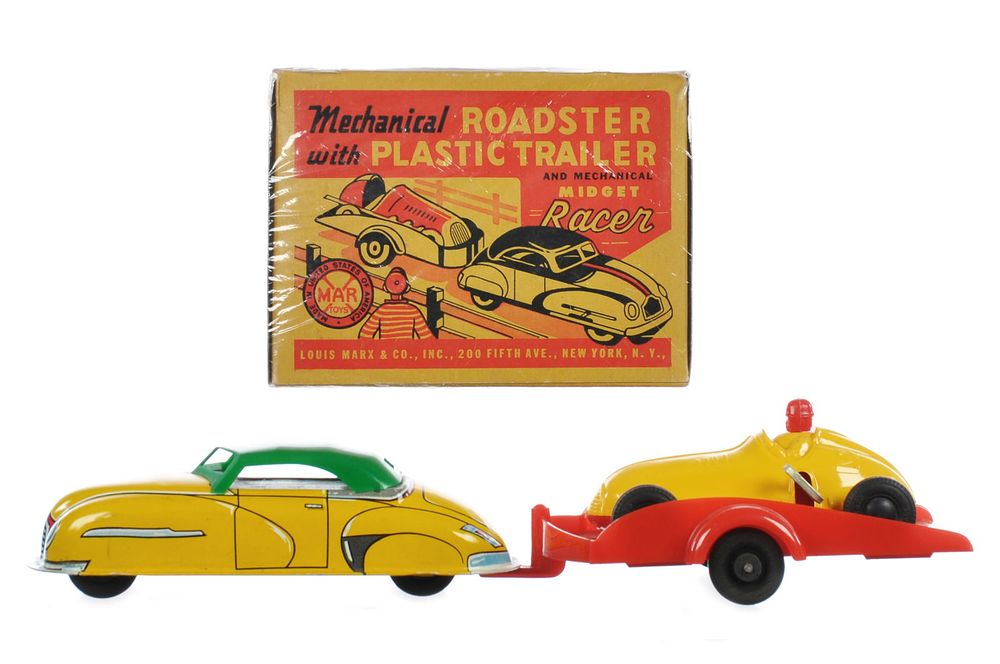 Lot 233: Marx Roadster with Trailer and Midget Racer Boxed