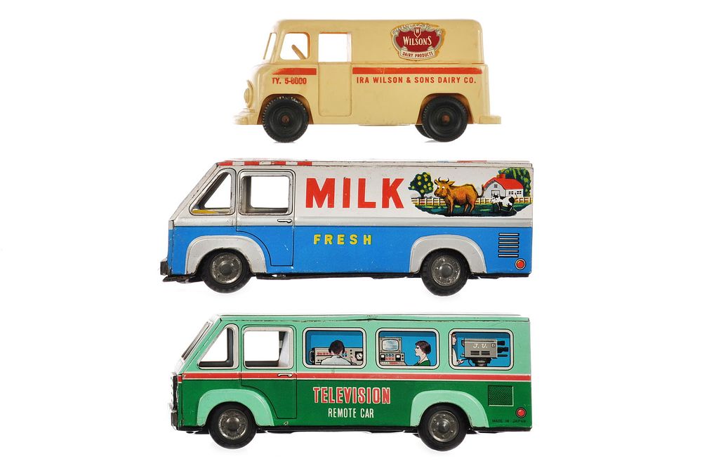 Lot 236: (3) Delivery Van Toys Japanese Tin & Ira Wilson Dairy