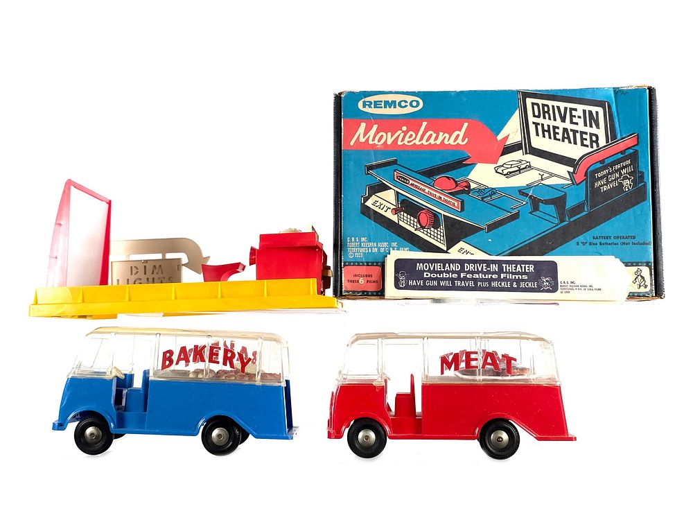 Lot 242: Remco Movieland Drive-In Theater Boxed & 2 Delivery Vans